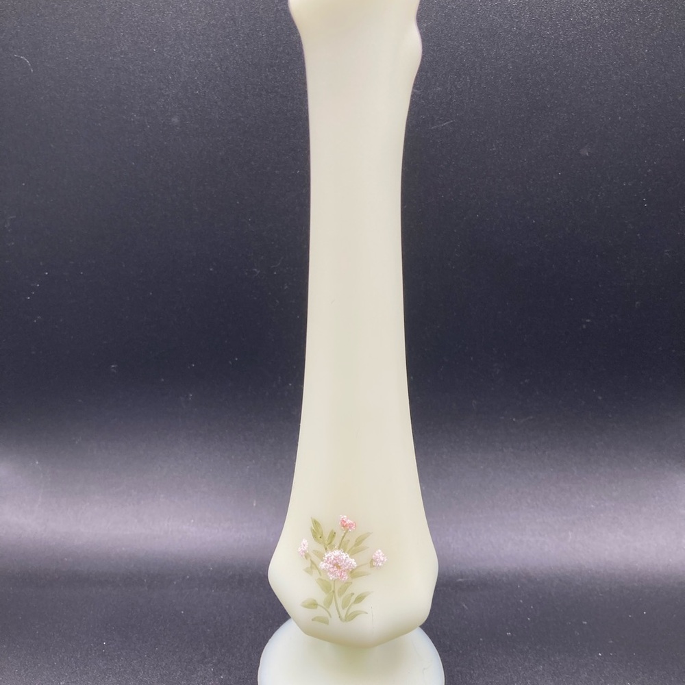 Vintage Fenton Custard  Satin Uranium Glass Vase with Daisies Artiest Signed.